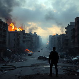 A dramatic scene depicting the devastation of a city after a missile strike