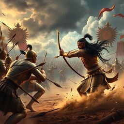 A dramatic scene from the Mahabharata depicting the moment Karna is killed in battle
