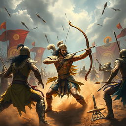 A dramatic scene from the Mahabharata depicting the moment Karna is killed in battle