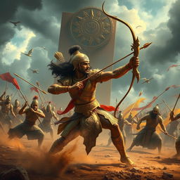 A dramatic scene from the Mahabharata depicting the moment Karna is killed in battle
