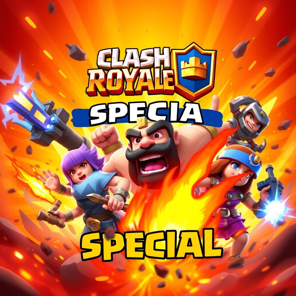 A vibrant and dynamic Clash Royale special banner showcasing fiery elements