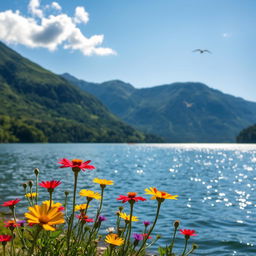A beautiful outdoor scene featuring a serene lake surrounded by lush green mountains under a clear blue sky
