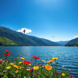 A beautiful outdoor scene featuring a serene lake surrounded by lush green mountains under a clear blue sky