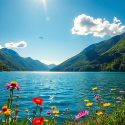 A beautiful outdoor scene featuring a serene lake surrounded by lush green mountains under a clear blue sky