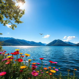 A beautiful outdoor scene featuring a serene lake surrounded by lush green mountains under a clear blue sky