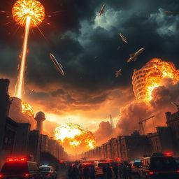 A dramatic scene depicting a city under missile attack, showcasing a fiery skyline with explosions illuminating the dark stormy clouds