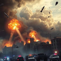 A dramatic scene depicting a city under missile attack, showcasing a fiery skyline with explosions illuminating the dark stormy clouds