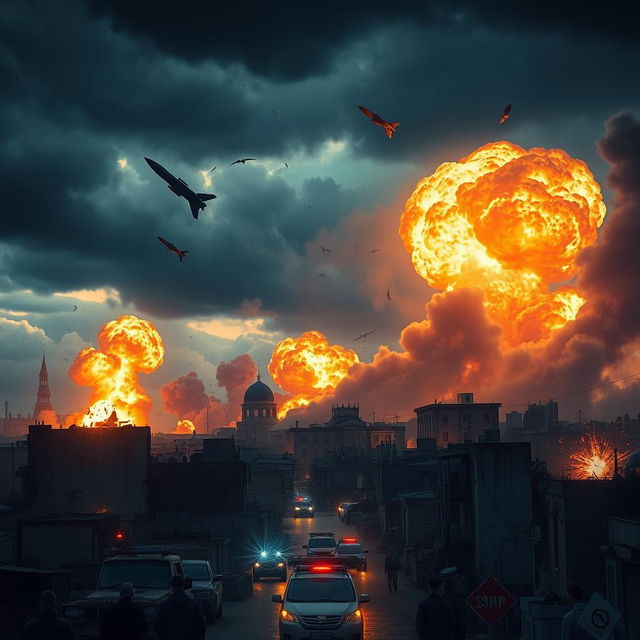 A dramatic scene depicting a city under missile attack, showcasing a fiery skyline with explosions illuminating the dark stormy clouds