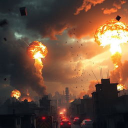 A dramatic scene depicting a city under missile attack, showcasing a fiery skyline with explosions illuminating the dark stormy clouds