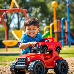 A vibrant playground scene featuring a boy joyfully playing with a red toy truck on a sunny day