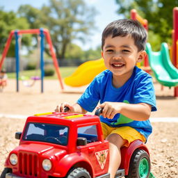 A vibrant playground scene featuring a boy joyfully playing with a red toy truck on a sunny day