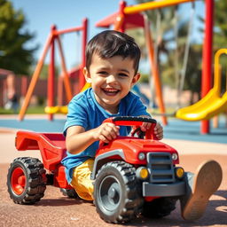 A vibrant playground scene featuring a boy joyfully playing with a red toy truck on a sunny day