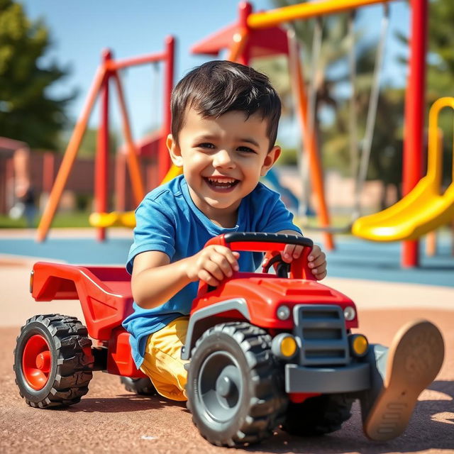 A vibrant playground scene featuring a boy joyfully playing with a red toy truck on a sunny day