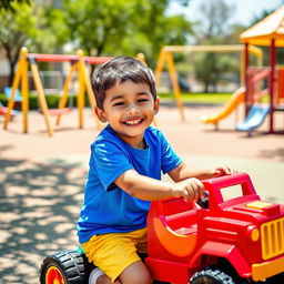 A vibrant playground scene featuring a boy joyfully playing with a red toy truck on a sunny day