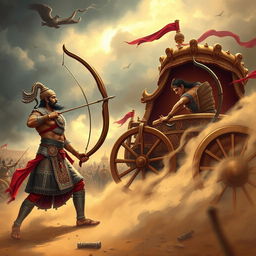 A dramatic scene from the Mahabharata depicting Bhishma, the great warrior and commander, preparing to confront Arjuna on the battlefield
