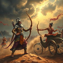 A dramatic scene from the Mahabharata depicting Bhishma, the great warrior and commander, preparing to confront Arjuna on the battlefield