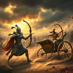 A dramatic scene from the Mahabharata depicting Bhishma, the great warrior and commander, preparing to confront Arjuna on the battlefield