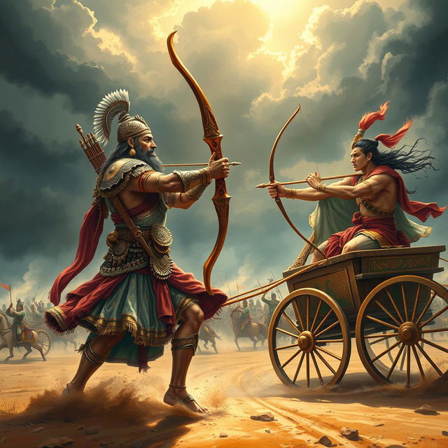 A dramatic scene from the Mahabharata depicting Bhishma, the great warrior and commander, preparing to confront Arjuna on the battlefield