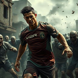A dramatic and intense scene depicting Cristiano Ronaldo struggling for survival among a horde of zombies