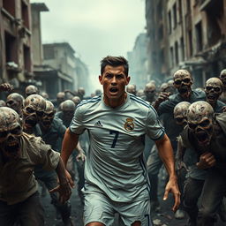A dramatic and intense scene depicting Cristiano Ronaldo struggling for survival among a horde of zombies