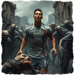 A dramatic and intense scene depicting Cristiano Ronaldo struggling for survival among a horde of zombies