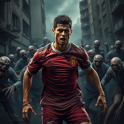 A dramatic and intense scene depicting Cristiano Ronaldo struggling for survival among a horde of zombies