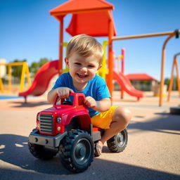 A vibrant playground scene featuring a boy joyfully playing with a red toy truck on a sunny day