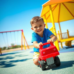 A vibrant playground scene featuring a boy joyfully playing with a red toy truck on a sunny day