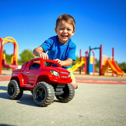 A vibrant playground scene featuring a boy joyfully playing with a red toy truck on a sunny day