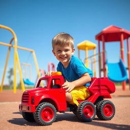 A vibrant playground scene featuring a boy joyfully playing with a red toy truck on a sunny day