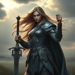 A powerful and beautiful warrior with an aura of sadness, standing tall with a majestic sword in hand