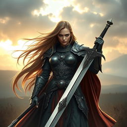 A powerful and beautiful warrior with an aura of sadness, standing tall with a majestic sword in hand