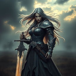 A powerful and beautiful warrior with an aura of sadness, standing tall with a majestic sword in hand