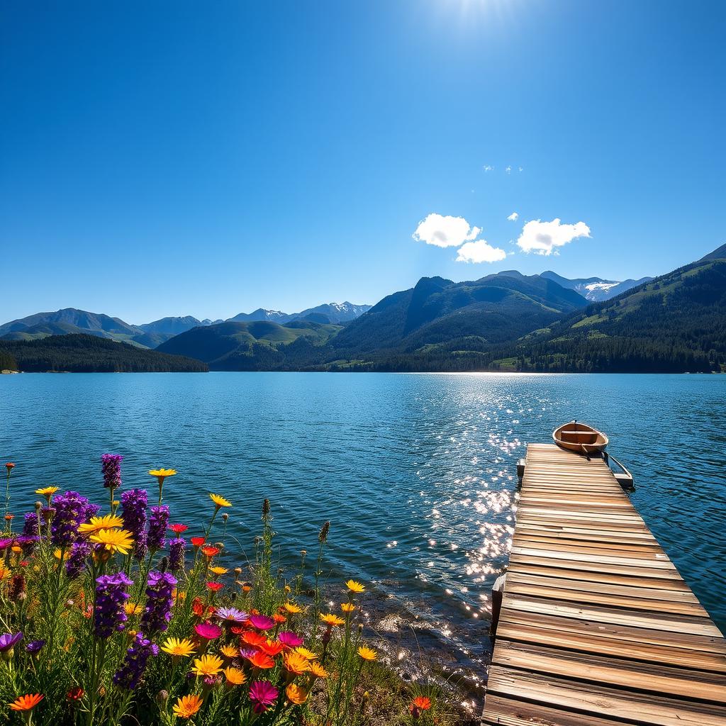 A serene landscape featuring a calm lake surrounded by lush green hills under a clear blue sky