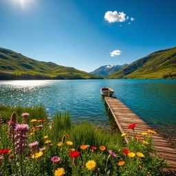 A serene landscape featuring a calm lake surrounded by lush green hills under a clear blue sky