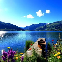 A serene landscape featuring a calm lake surrounded by lush green hills under a clear blue sky