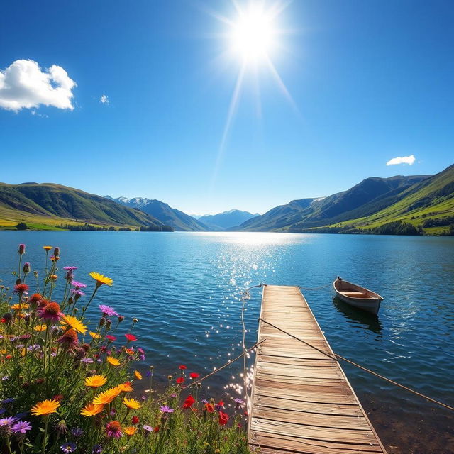 A serene landscape featuring a calm lake surrounded by lush green hills under a clear blue sky