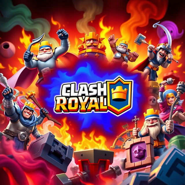 A vibrant and energetic Clash Royale themed banner for YouTube, featuring iconic characters and elements from the game