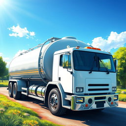 A highly detailed illustration of a water transport tanker truck, showcasing its sleek design and robust structure