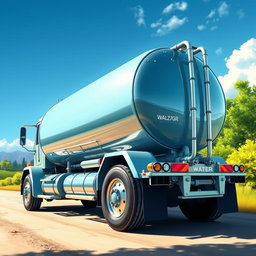 A highly detailed illustration of a water transport tanker truck, showcasing its sleek design and robust structure