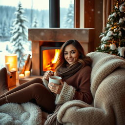 A cozy winter scene featuring a warm and inviting fireplace in the background, surrounded by snow-covered trees and a picturesque landscape