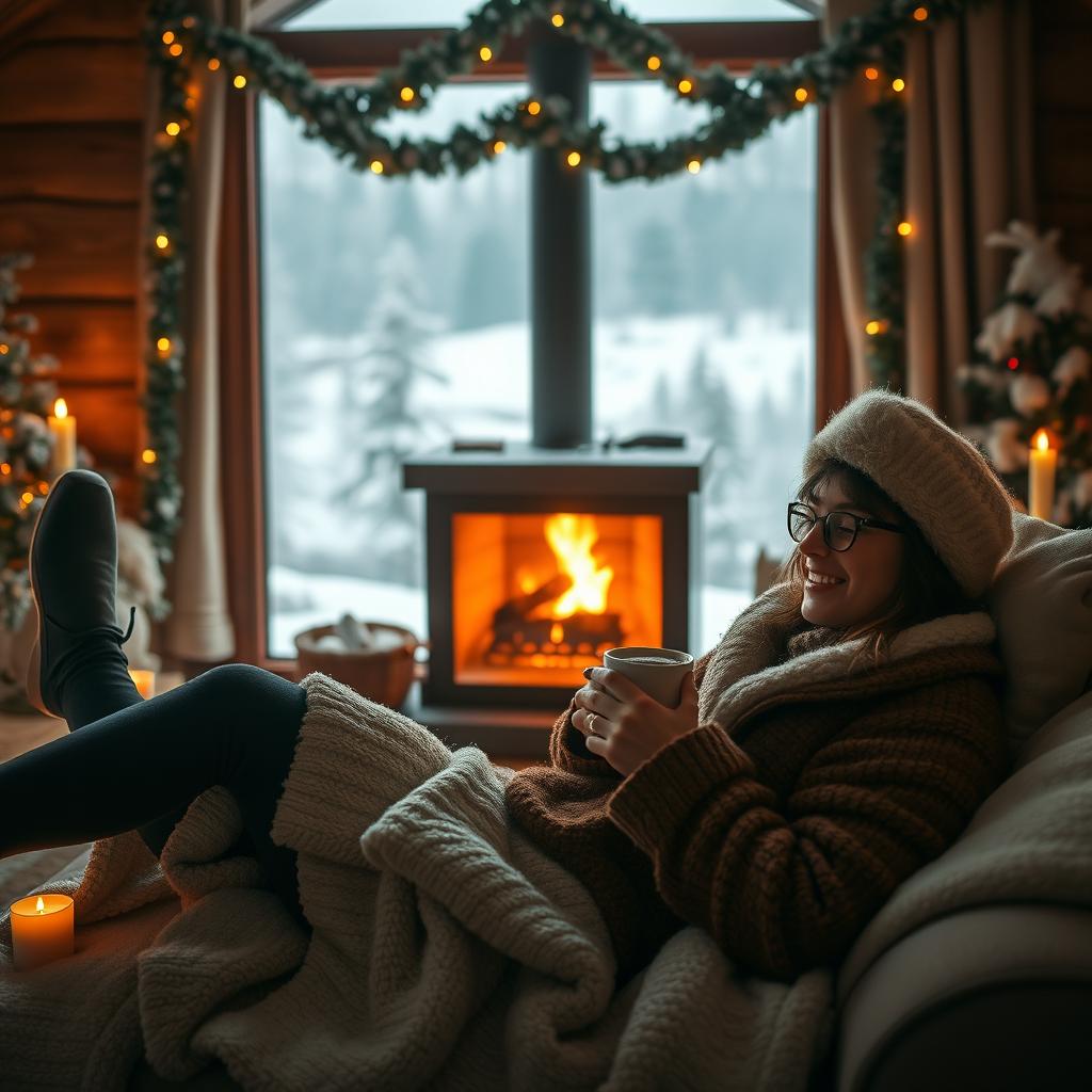 A cozy winter scene featuring a warm and inviting fireplace in the background, surrounded by snow-covered trees and a picturesque landscape