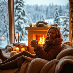 A cozy winter scene featuring a warm and inviting fireplace in the background, surrounded by snow-covered trees and a picturesque landscape