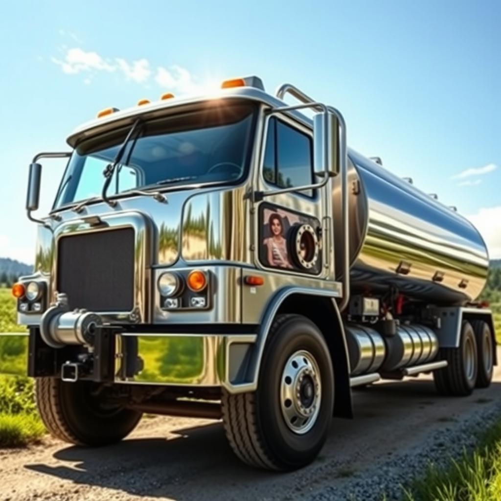 A beautifully detailed depiction of a water transport tanker truck, showcasing its sturdy design and shiny metallic surface reflecting sunlight