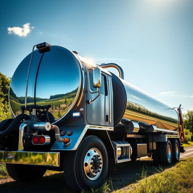 A beautifully detailed depiction of a water transport tanker truck, showcasing its sturdy design and shiny metallic surface reflecting sunlight