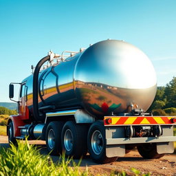 A beautifully detailed depiction of a water transport tanker truck, showcasing its sturdy design and shiny metallic surface reflecting sunlight
