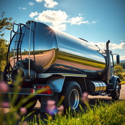 A beautifully detailed depiction of a water transport tanker truck, showcasing its sturdy design and shiny metallic surface reflecting sunlight