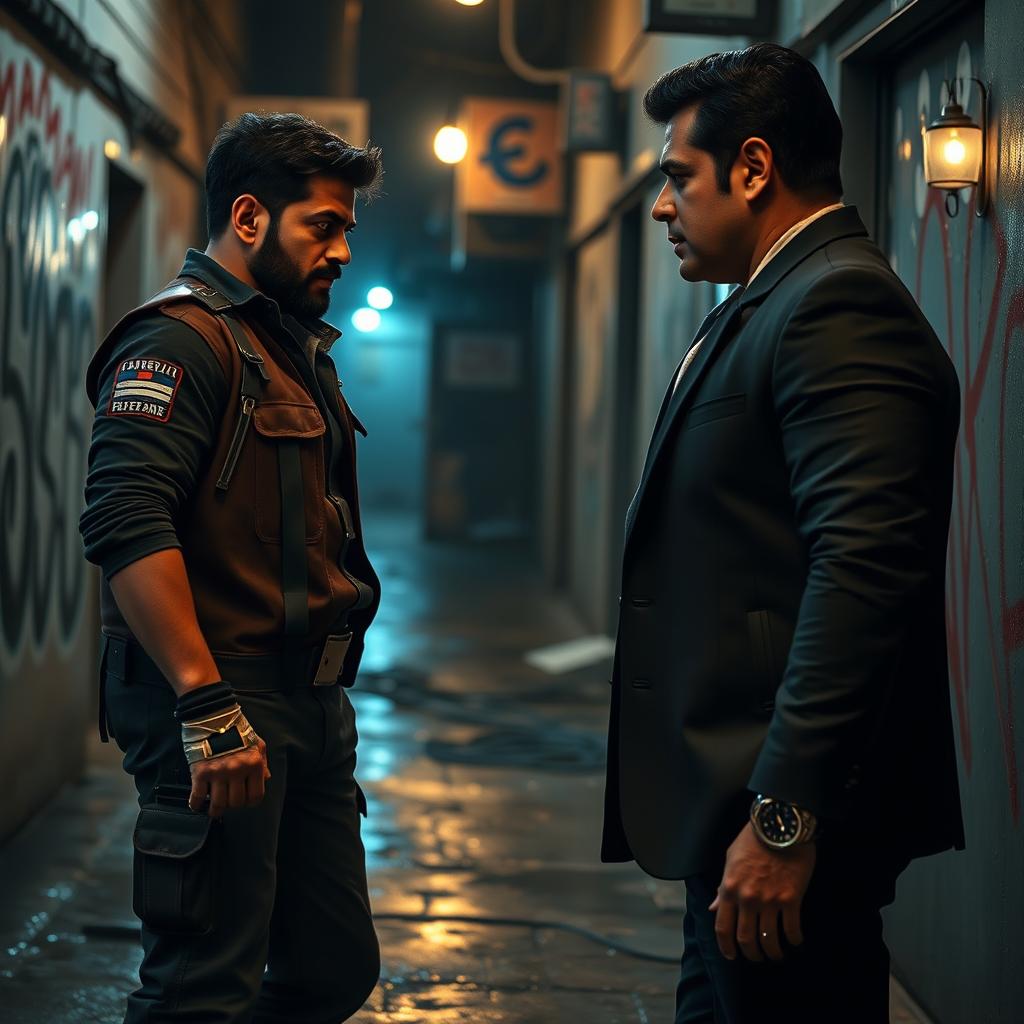 A dramatic and intense scene depicting a fictional confrontation between two characters, Arjun and Salman Khan, in a cinematic style