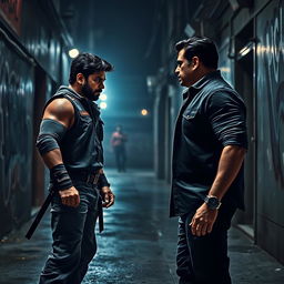A dramatic and intense scene depicting a fictional confrontation between two characters, Arjun and Salman Khan, in a cinematic style