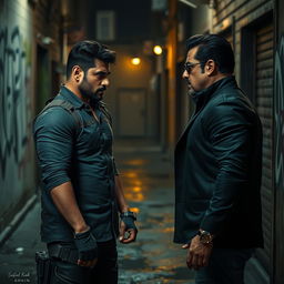 A dramatic and intense scene depicting a fictional confrontation between two characters, Arjun and Salman Khan, in a cinematic style